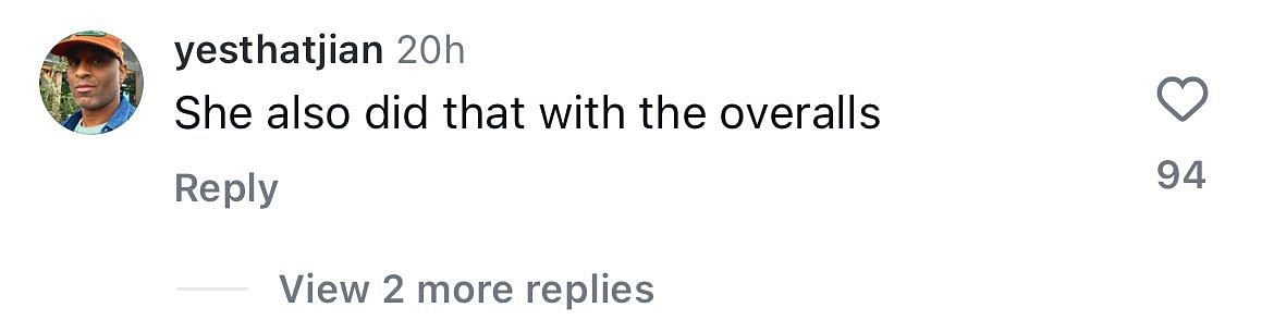 A comment compliments Staley's overalls